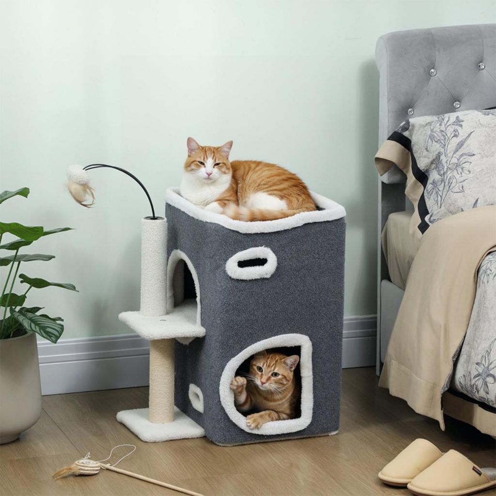 Katzenbaumhaus mit 2-stöckiges Haus und Top-Liegefläche Sisalpfosten Katzen Kletterbaum