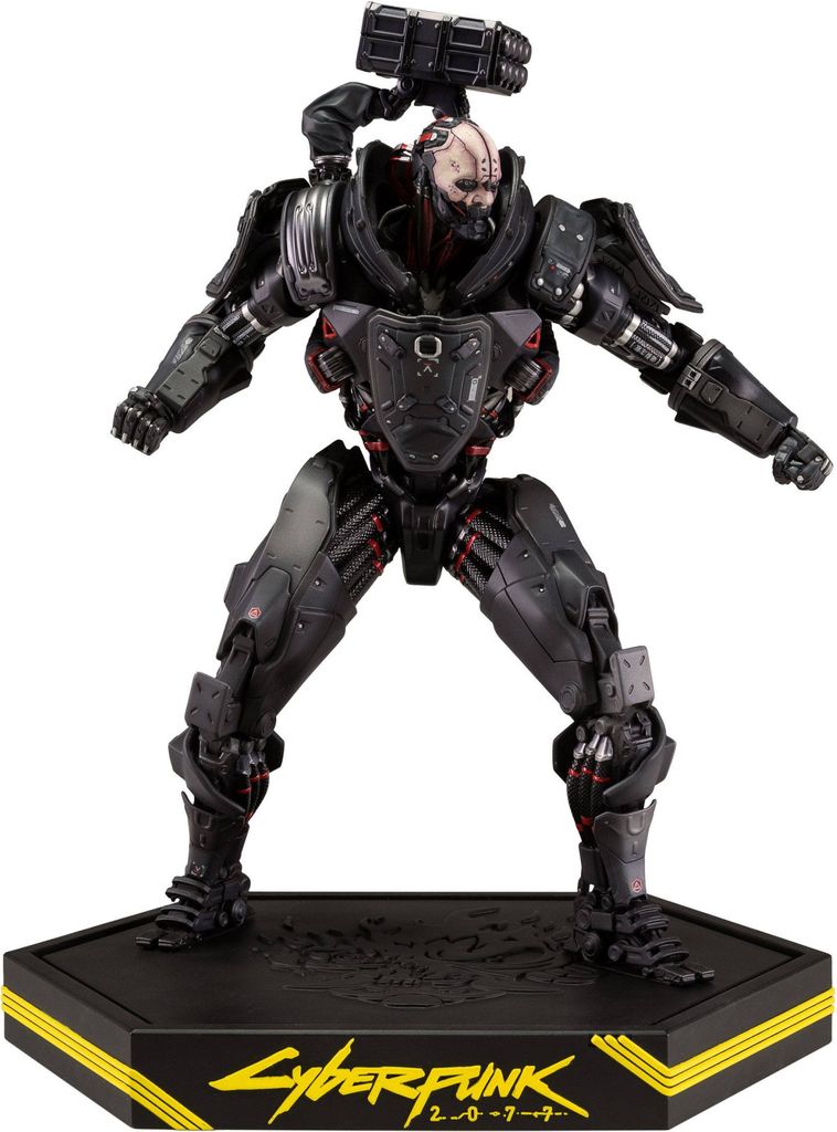 A Cyberpunk 2077 Adam Smasher action figure on a display base.
