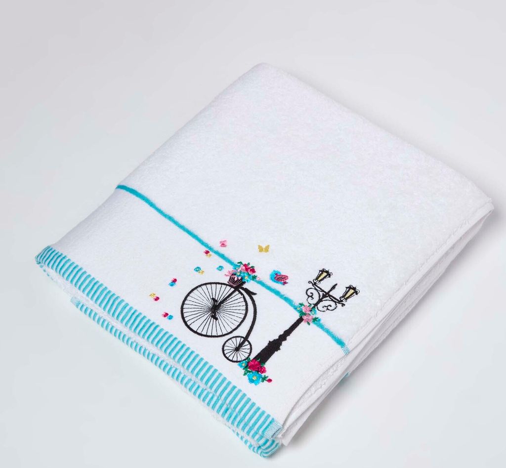 HOMESCAPES Frottee Badetuch mit Bestickung Vintage Hochrad Handtuch 100x140cm - weiß