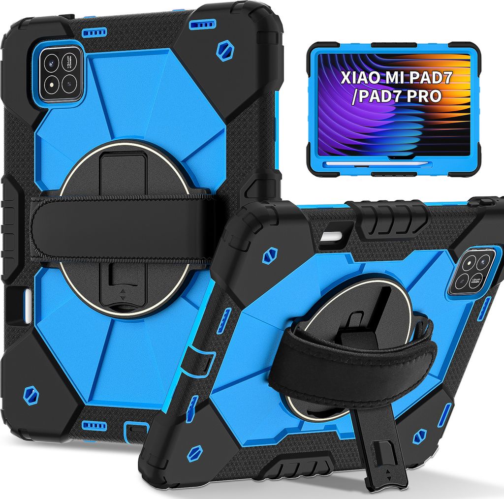 Hülle für Xiaomi Pad 7 / Pad 7 Pro Tablette Schutzhülle Stoßfeste mit 360 Drehbarer Handschlaufe/Ständer Schwarz Blau