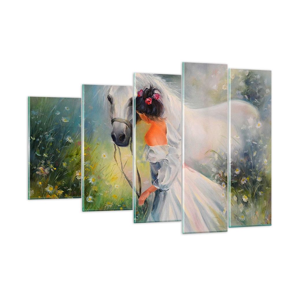 Bilder auf glas - Frau Wiese Pferd - 150x100cm - Glasbilder - Wandbilder - Kunstdruck - zum Aufhängen bereit - Wanddekoration aus Glas - Glas Bild...