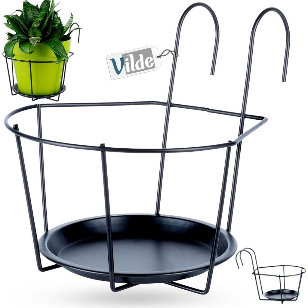 A black metal balcony railing planter holder with a green potted plant in the upper left corner and a smaller version of the planter in the lower right corner.