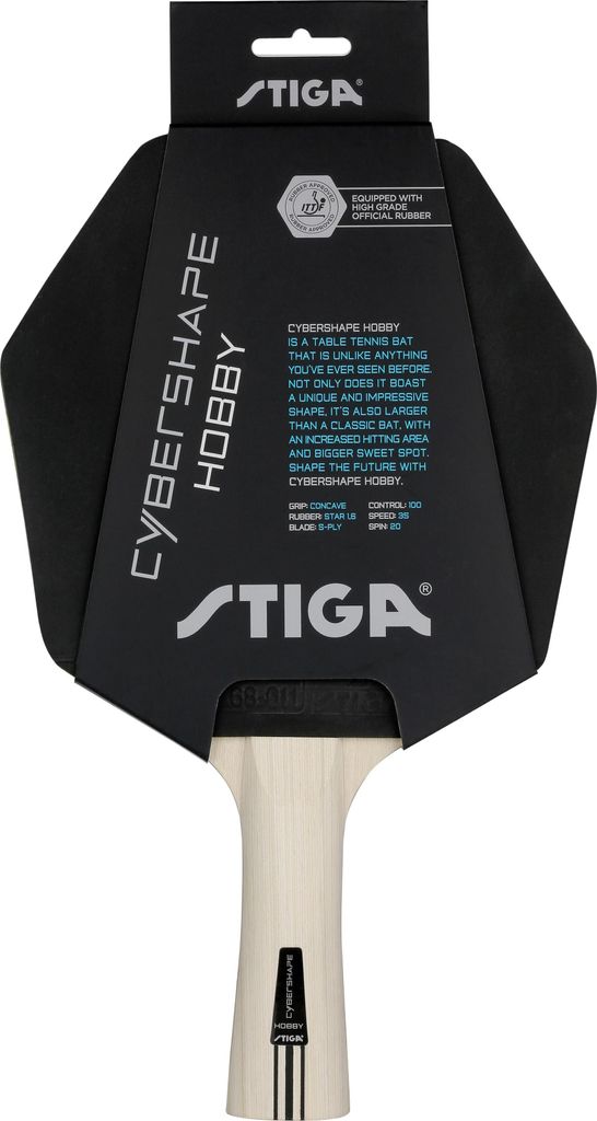 A table tennis racket in its packaging.