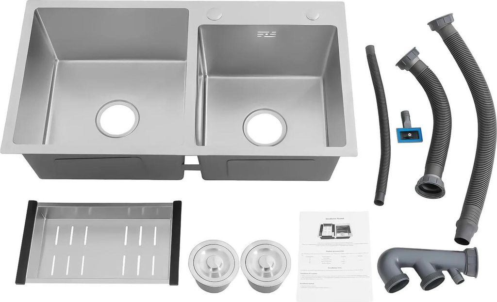 Küchenspüle - Doppelbecken - Edelstahl - Unterbau/Einbau - Gebürstete Oberfläche - Mit Siebkorb - Silber