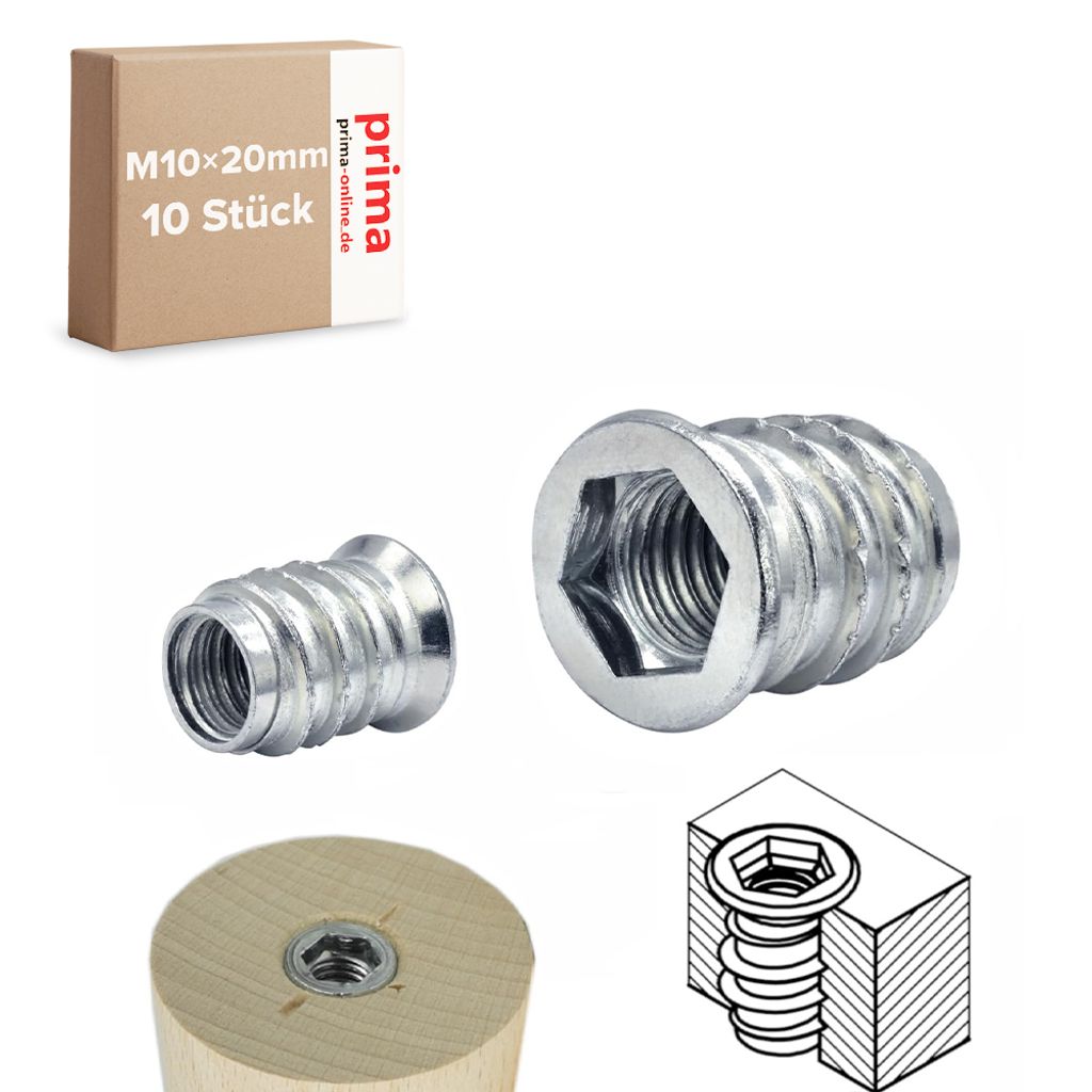 10x Einschraubmuffen M10 – Länge 20 mm – Einschraubmutter Eindrehmuffen Innensechskant M10x20 mm