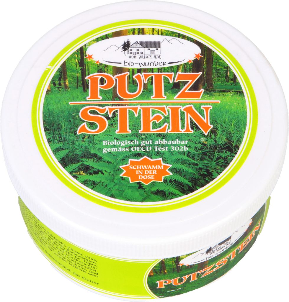 A round container of cleaning product with a nature-themed label.