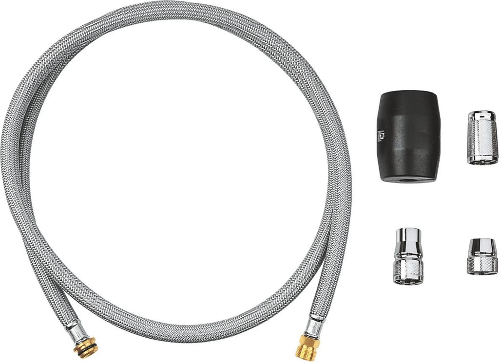 A flexible hose and several connectors are laid out on a white background.