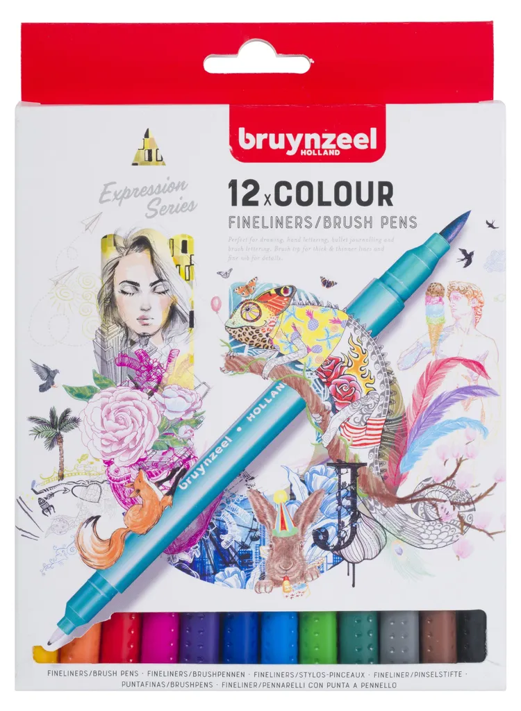Bruynzeel Kit créatif feutres pinceaux et fineliners 12 couleurs x6