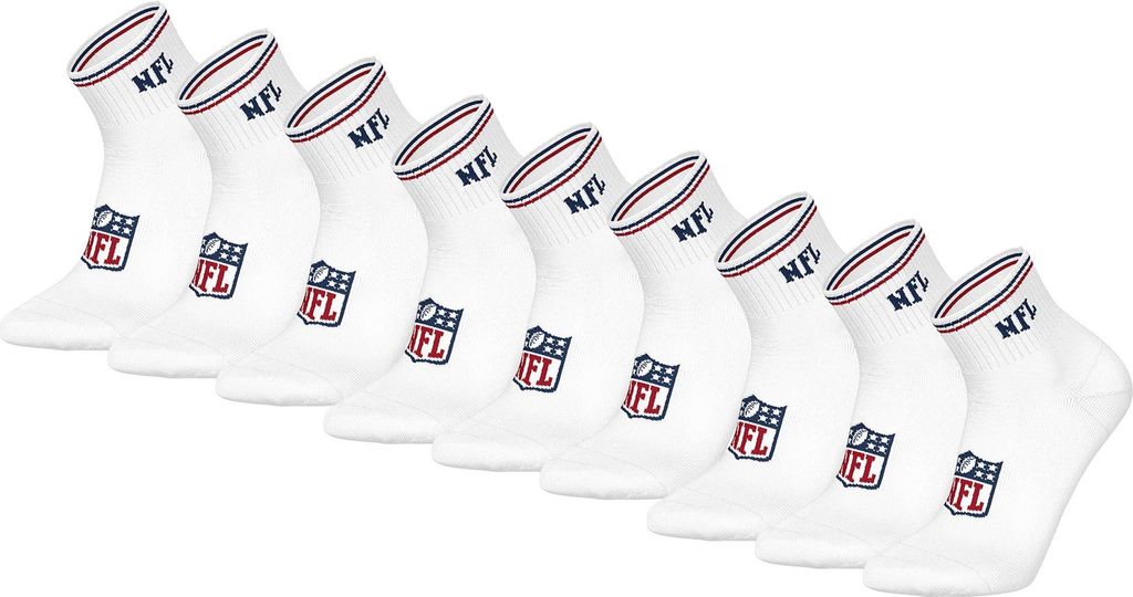 NFL Uni Quarter-Socken, 9er Pack - NFL Shield 9Pack Quarter Socks, Logo, Streifen, Baumwollmischung Weiß 39-42