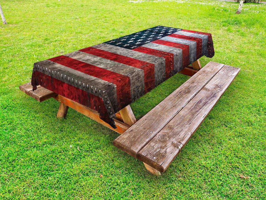ABAKUHAUS Amerikanische Flagge Tischdecke Outdoor, Abgabe-Flagge maserte US-Hintergrund auf schädigendem Brett-Platten-Entwurfs-Grafik-Druck, Grau...