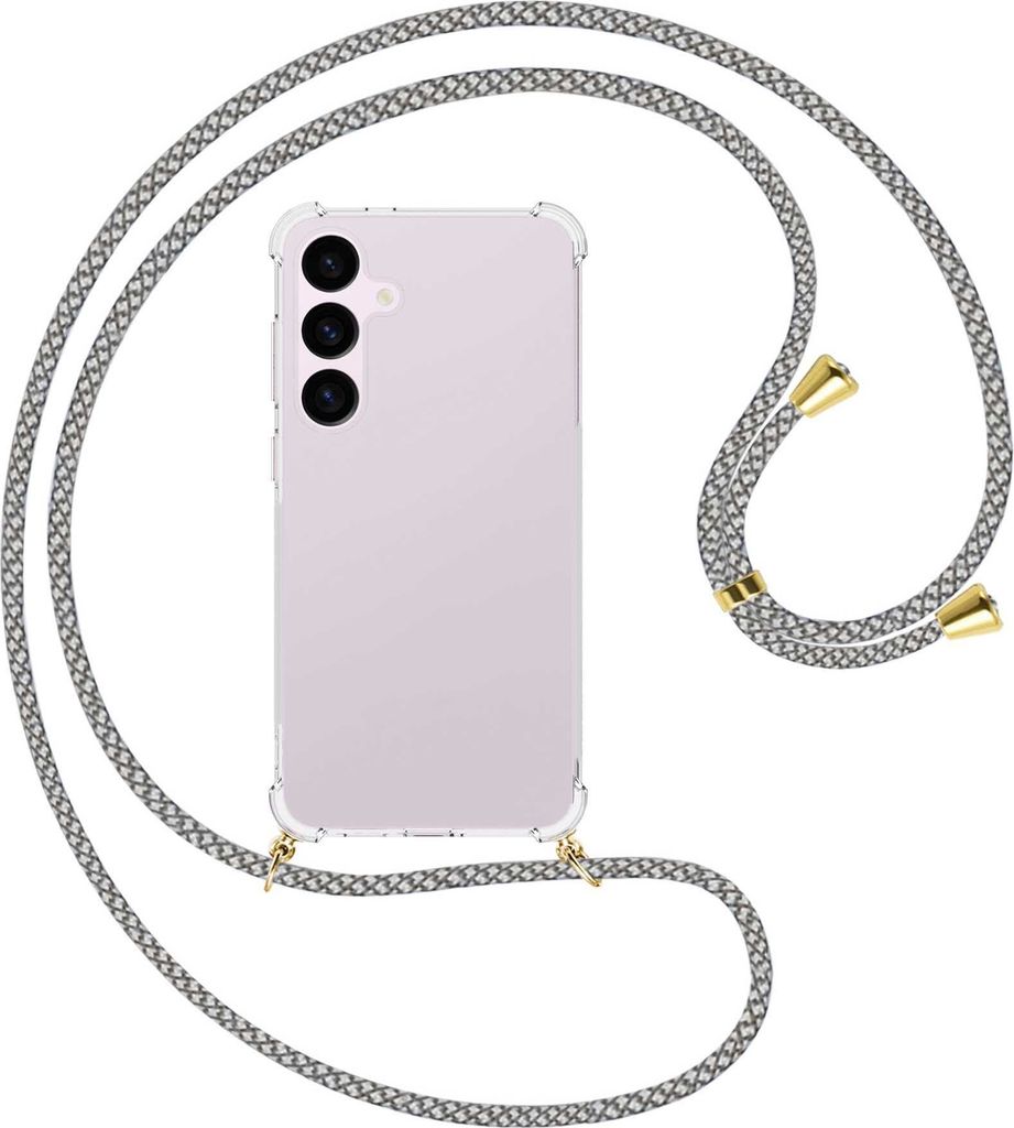 Handykette Backcover-Schutzhülle mit Band (Metall goldfarben) für Samsung Galaxy S24 Plus - weiß/grau kariert