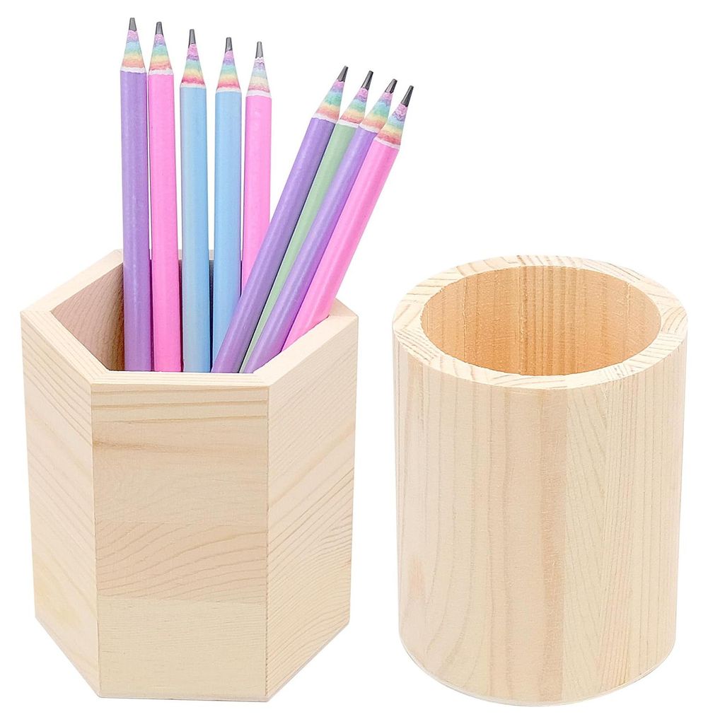 2-teiliges Stiftehalter-Set aus Holz, runde und sechseckige Stiftablagen für Schreibtisch, Büro, Schminktisch, Schule