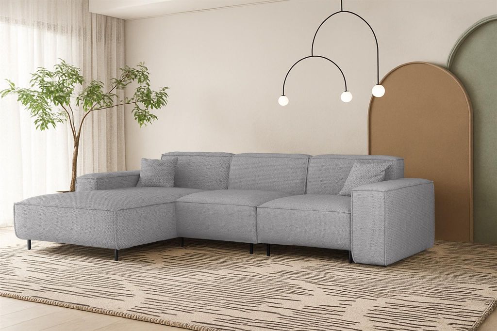 Ecksofa Designersofa GLORIA in Stoff Artico Hellgrau Ottomane Links