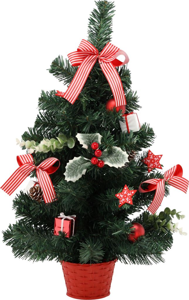 A small, decorated artificial Christmas tree in a red pot.
