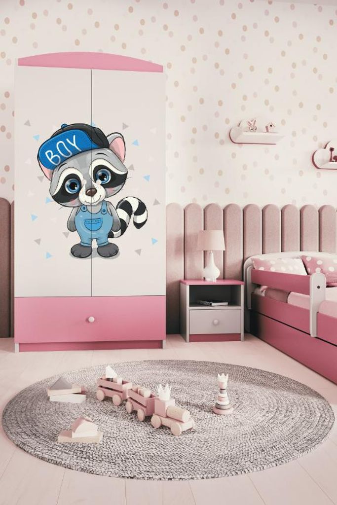 Kinderkleiderschrank Babydreams Drehtürenschrank Kleiderschrank Waschbär Hellrosa