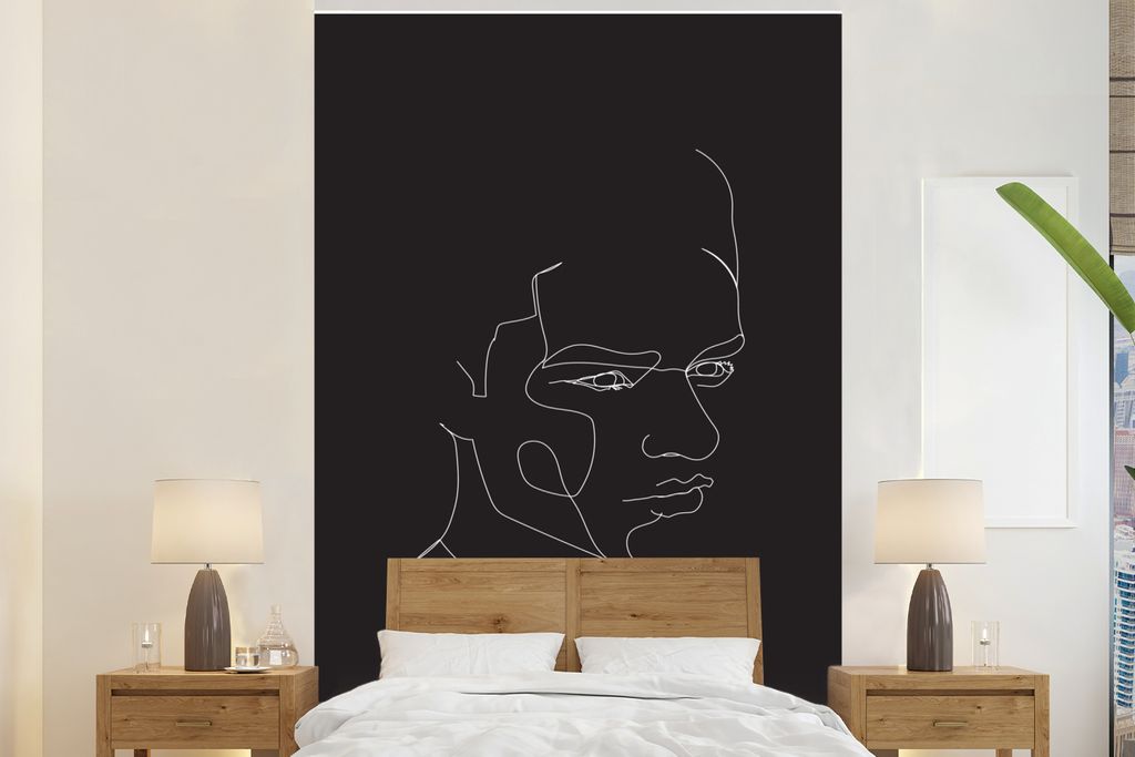 MuchoWow Fototapete für Wohnzimmer oder Schlafzimmer Wandtapete Vinyl Motivtapete Gesicht - Mann - Strichzeichnung - 170x260 cm - Wohnzimmertapete