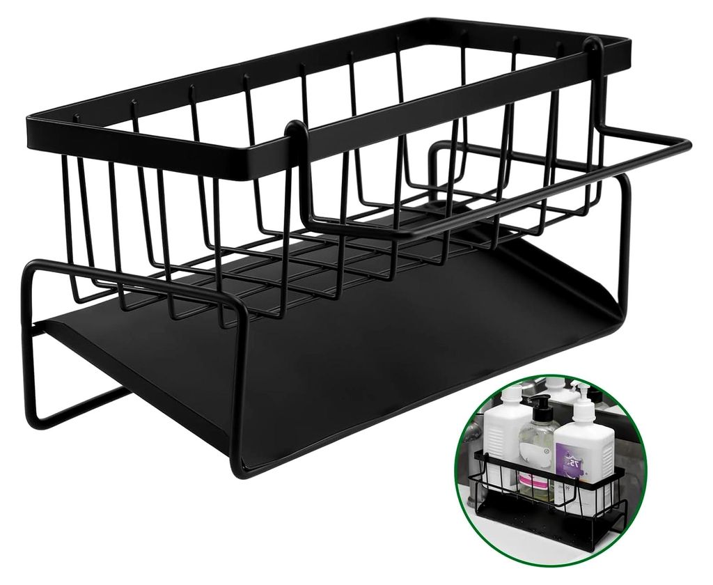 Spülbecken Organizer, Kohlenstoffstahl Küchen Sink Caddy Organizer mit Selbstentleerender Ablaufwanne, Spülorganizer Spüle Ablage mit handtuchh...