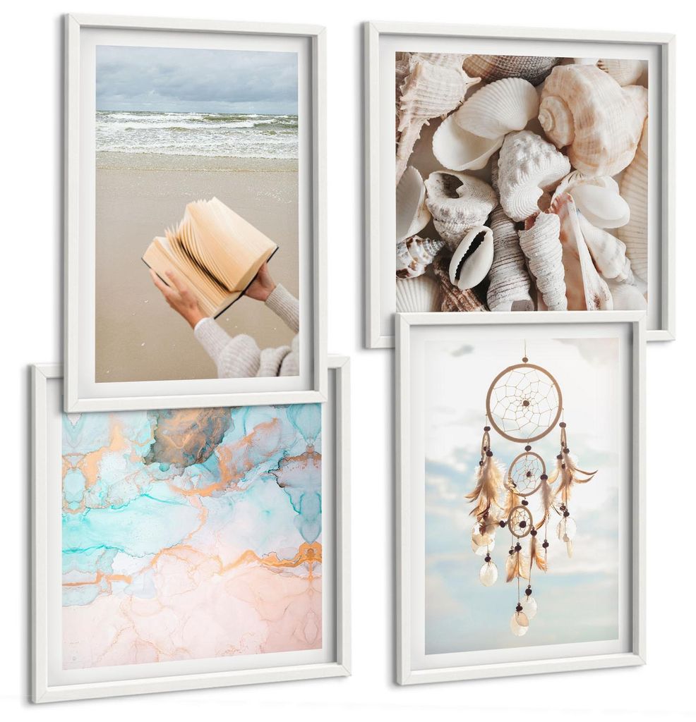 Bilder Set 4-teilig im Goldrahmen Rahmen – Wandbilder 4 Stück – gerahmte Poster für Wohnzimmer, Schlafzimmer und Flur – 50x50 cm - 40x60 cm...