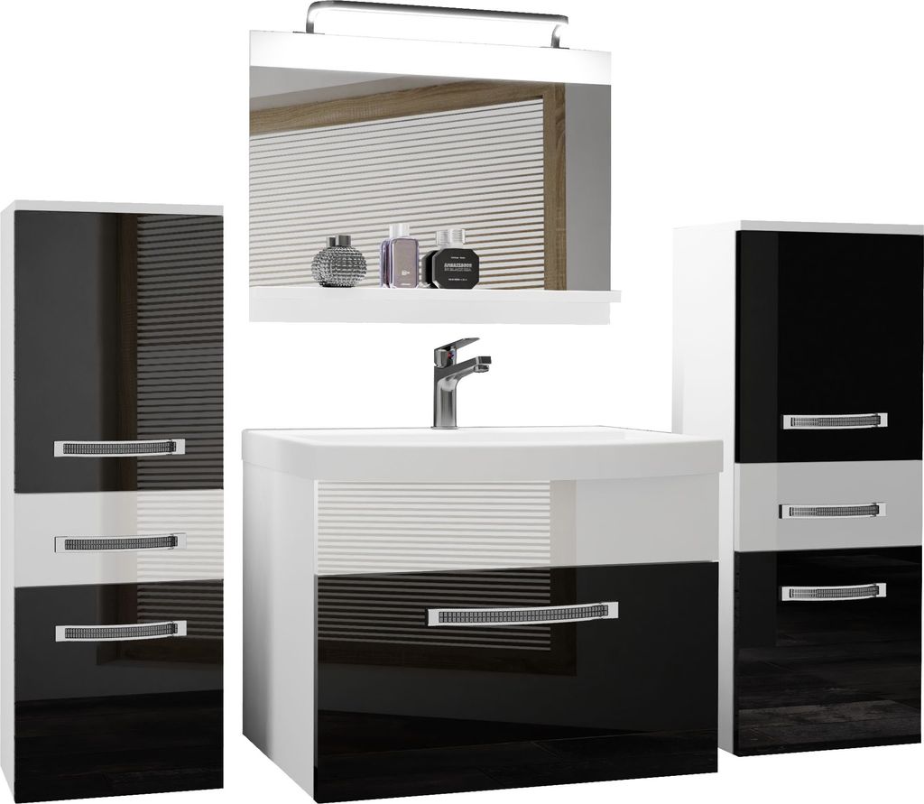 BELINI Badmöbel Vollausstattung Set Waschbeckenschrank, 2x kleiner Schrank, Waschbecken, Spiegel, Lampe (Schwarz/ Weiss, Glänzend)
