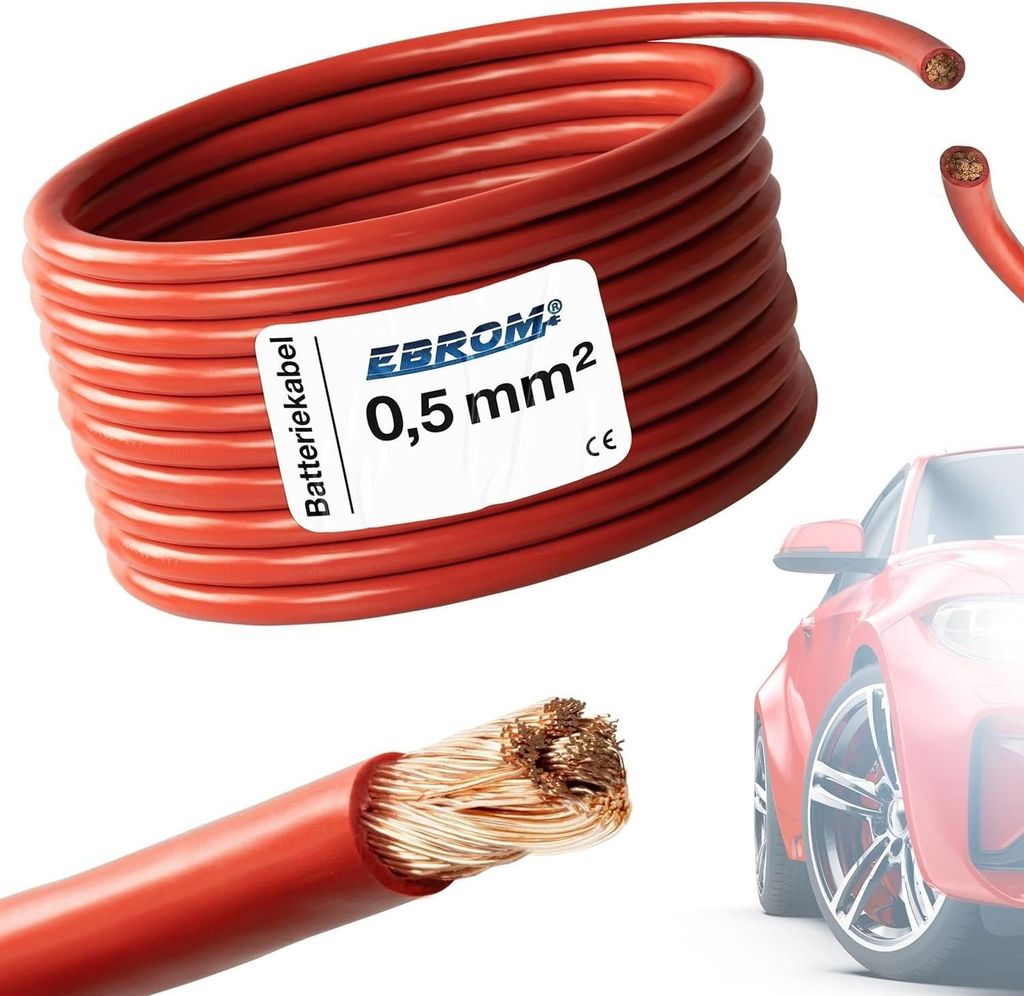 3 Meter EBROM FLRY 0,5mm2 Fahrzeugleitung - KFZ Leitung - Farbe: rot - Querschnitt 0,5 mm² (mm2) flexibel 90 ± 5 Shore 99,99% Kupfer Mantel PVC FLRy