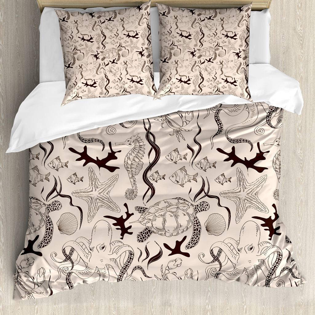 ABAKUHAUS Beige Bettbezug, Octopus Crab Seahorse, Milbensicher Allergiker geeignet mit Kissenbezügen, 155 cm x 220 cm - 80 x 80 cm, beige Braun