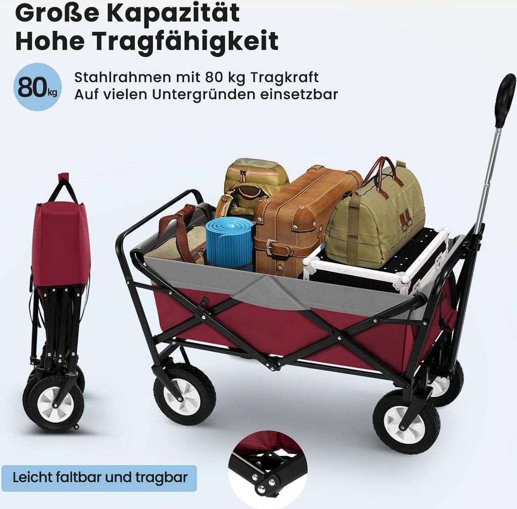 Klappbarer Gartenwagen EUGAD Klapp-Bollerwagen 100 Liter – Faltbar, Verstellbarer Griff, 80 Kg Belastbar, Für Garten, Strand, Camping EUGAD Bollerwagen Faltbar