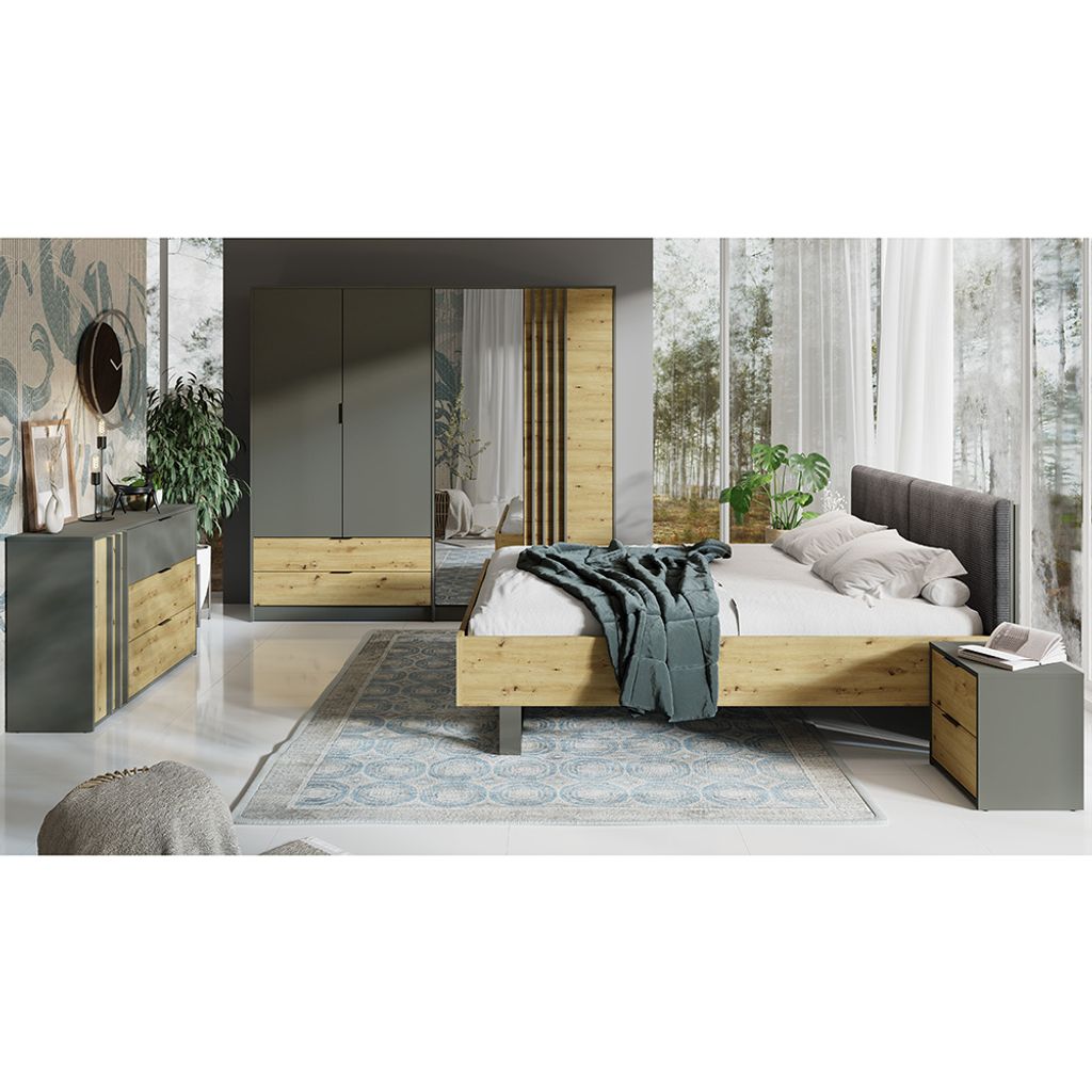 Schlafzimmer Komplett Set 4-teilig mit Bettgestell 160x200 cm modern in grau mit Eiche RAGUSA-166