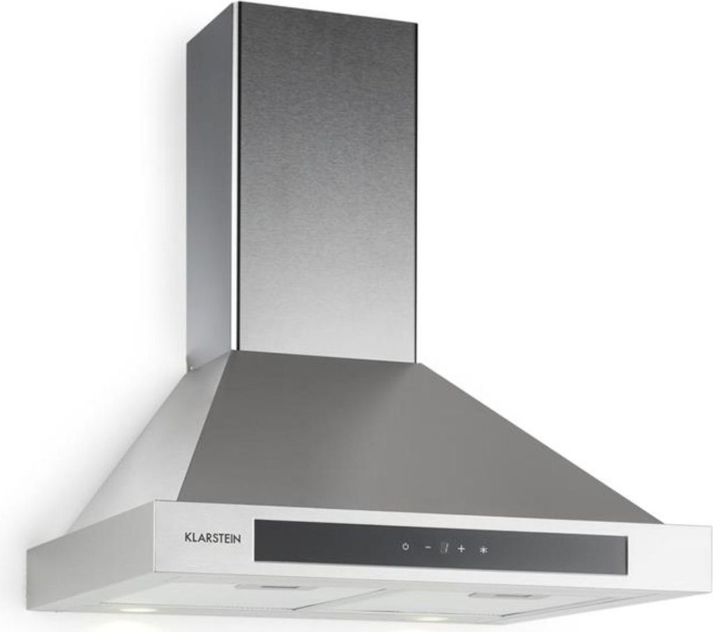 A stainless steel range hood is shown against a white background.