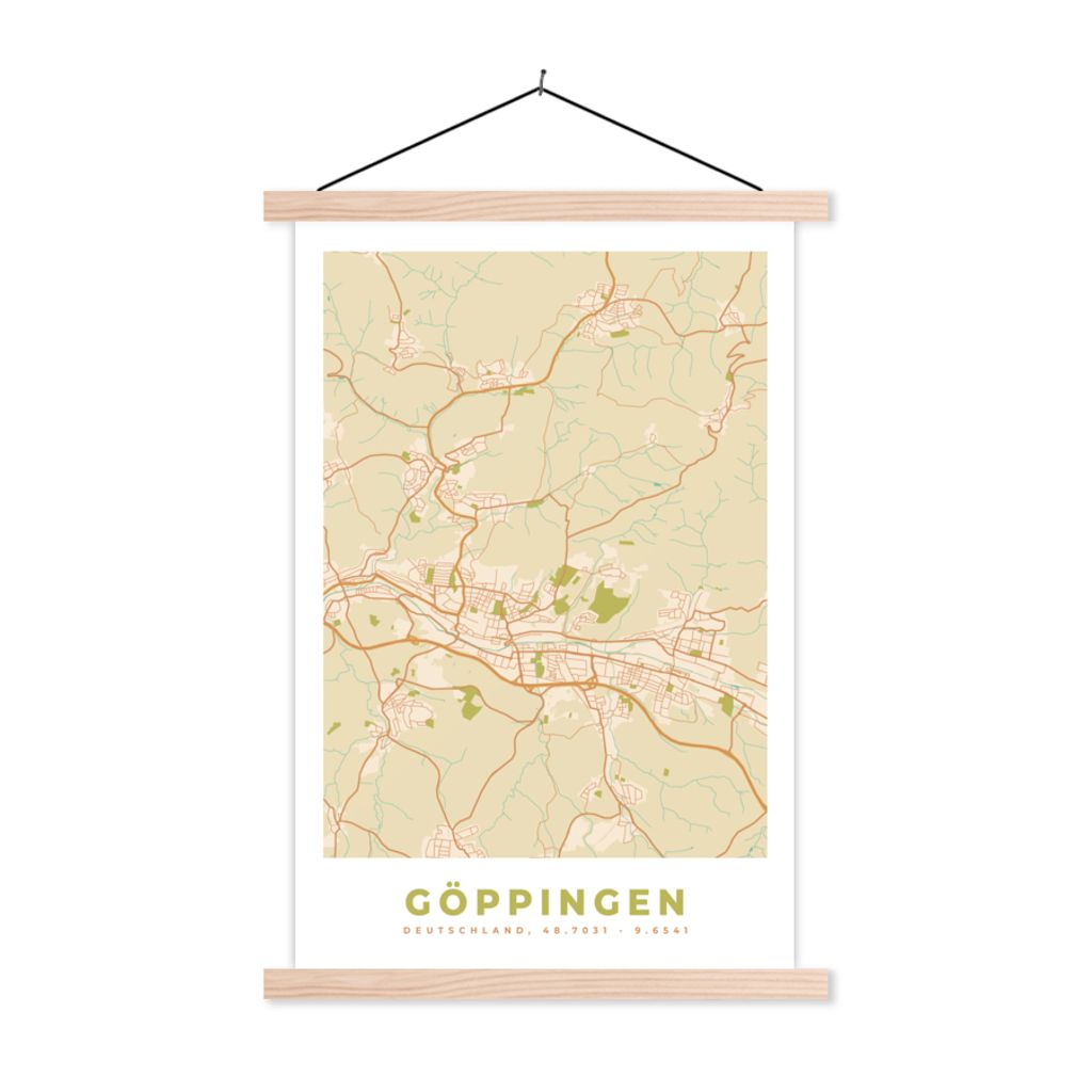 MuchoWow Textilposter Göppingen - Karte - Stadtplan - Vintage 40x60 cm mit holzfarbenen Rahmen - Poster