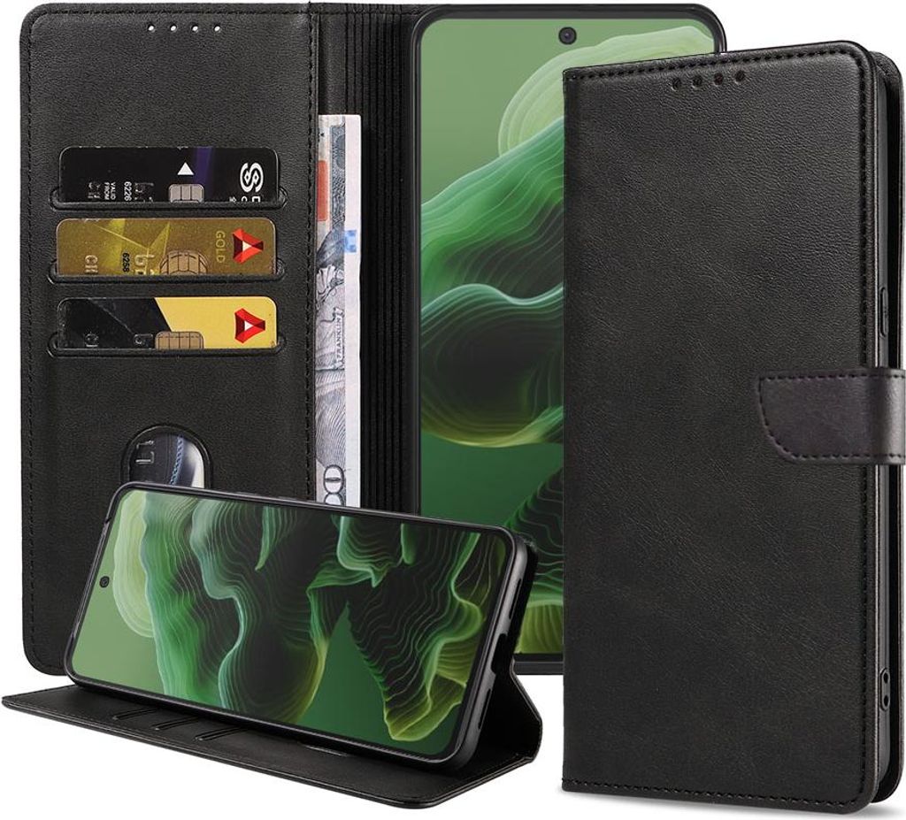 Geeignet für Motorola Moto G35 Handytasche Kunstleder mit Magnetlippe und Kartenhalter Buchhülle mit Klappe - Wallet Case mit Kartenfach - Schwar...
