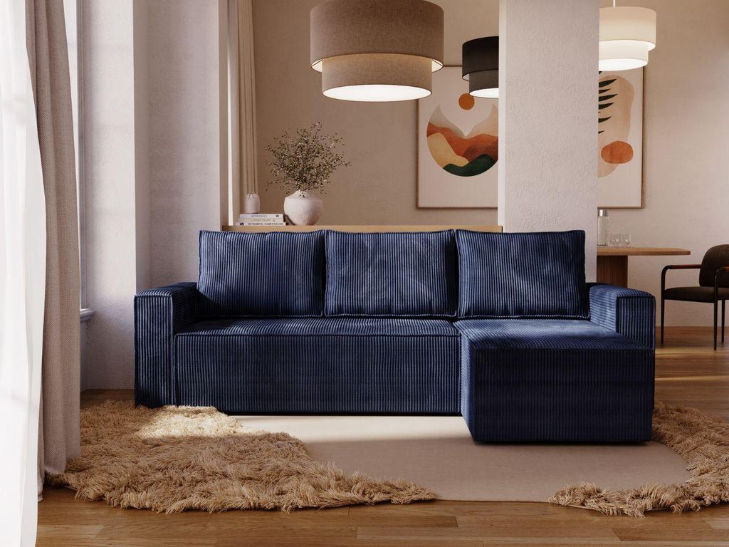FurniDe24 Ecksofa L-Form Moly L - Ecksofa mit Schlaffunktion, Bettkasten - Moderne Ecksofa, Wohnzimmer Sofa - Eckcouch Blau (Poso 05 )