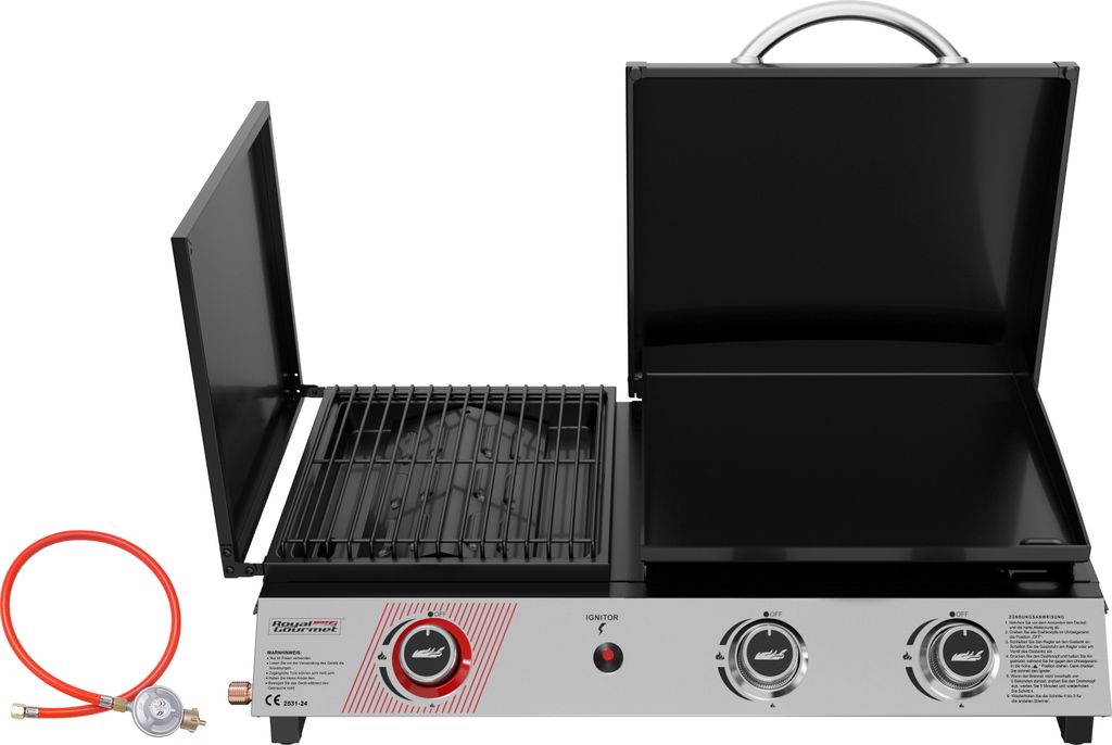 Royal Gourmet Tisch-Gasgrill 3 Brenner, 3 in 1 Tischgrill mit Grillen, Braten, Kochen, 8,5 kW Campinggrill mit Klappbare Seitenablage Schwarz & Silber