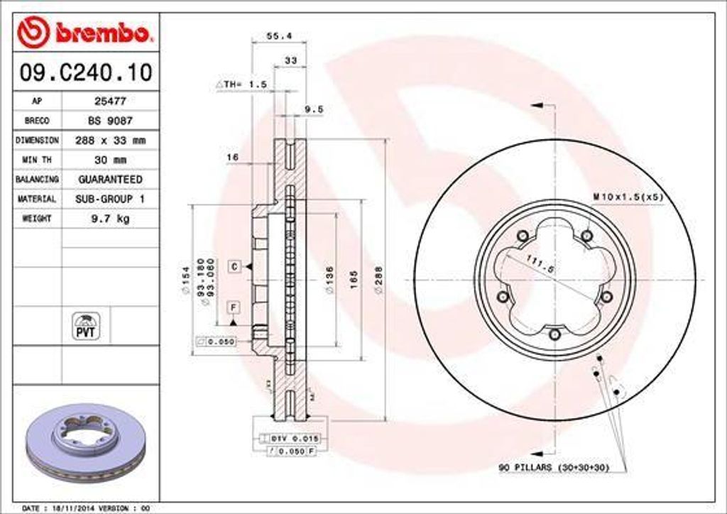 BREMBO 09.C240.10 Bremsscheibe OE 1763885 kompatibel mit Transit, Tourneo
