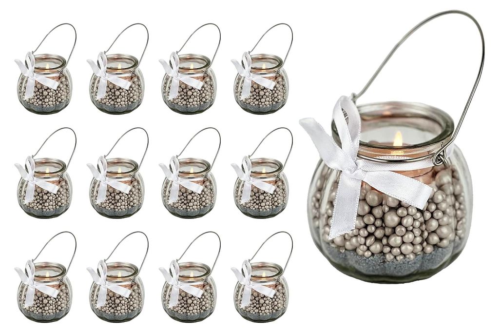 Teelichtgläser Set Kerzenhalter Glas (12er Pack) Teelicht Kerzen Windlicht Hochzeit Party kleine Vase Tisch Deko-Licht inkl. Schleife