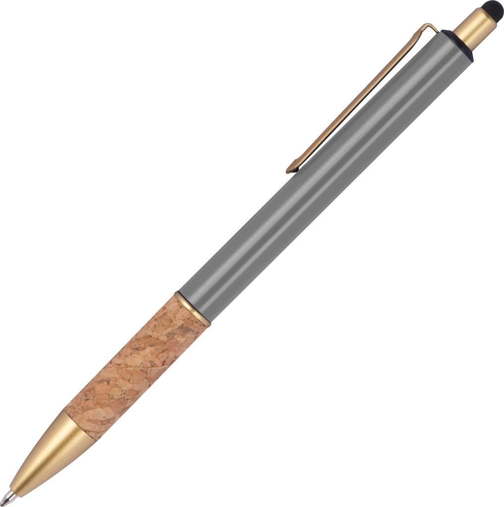 Touchpen Metall-Kugelschreiber mit Korkgriffzone / Farbe: grau