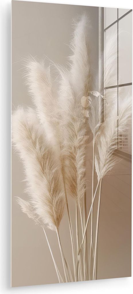 MuchoWow Glasbilder - Bilder auf Wandbild - Foto auf Glas Pampasgras - Federn - Pastell - Weiß 40x80 cm Wanddekoration aus Glas - Acrylglasbild - ...