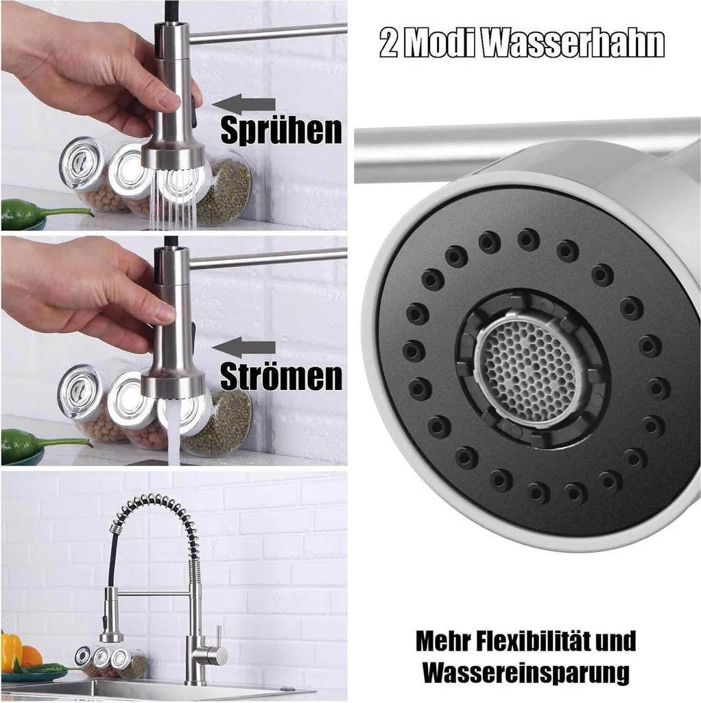 Rubinetto Cucina Acciaio Inox 304 Spazzolato Doccetta Professionale - 4
