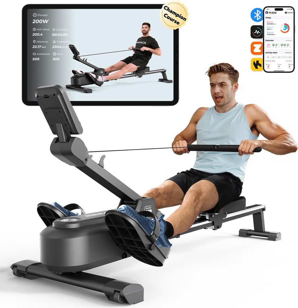 Magnetisches Rudergerät im Hai-Design – 16 Stufen, LCD & Bluetooth, extra leises Bremssystem, interaktive App & Kinomap-Kompatibilität, klappbar