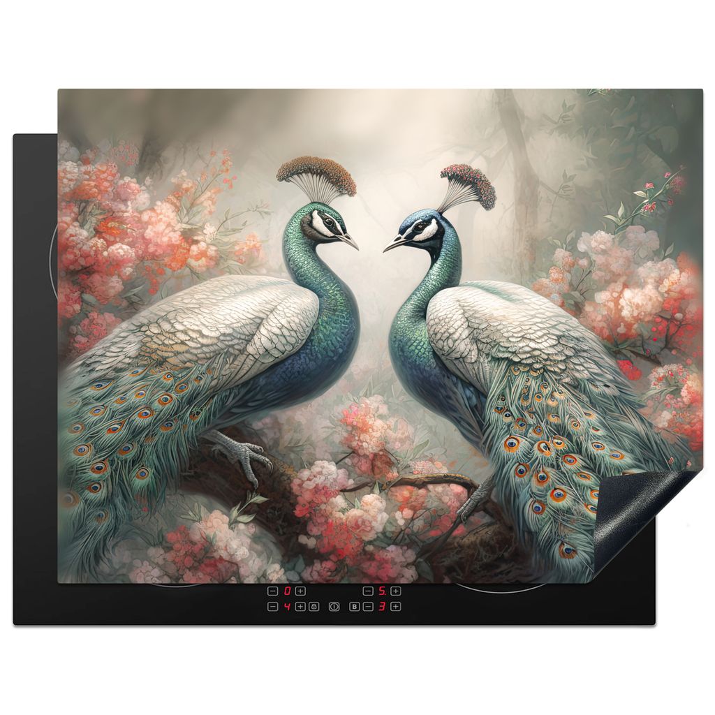 KitchenYeah Herdabdeckplatte Pfaue - Pfauenfedern - Vögel - Natur , 77x59cm, Küche Deko, Glaskeramikkochfeld Herdabdeckung, Abdeckplatte fùr K...