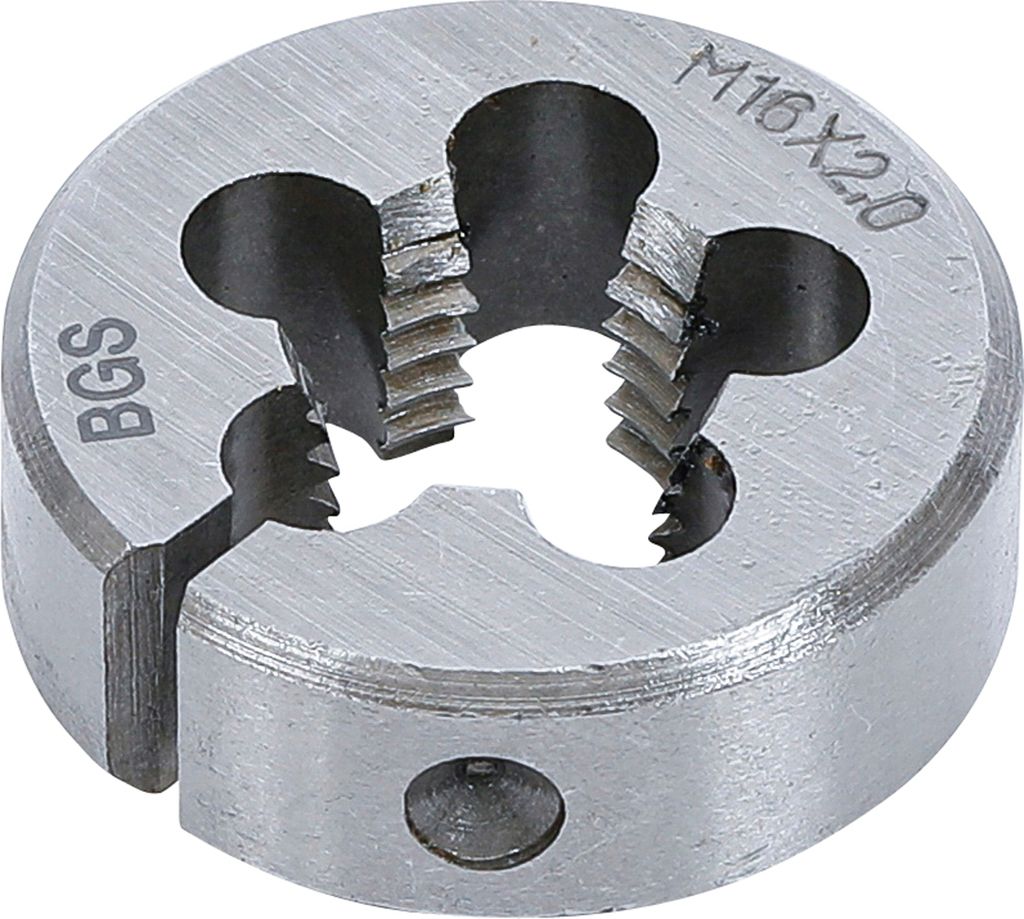 A close-up, studio shot of a metal threading die.