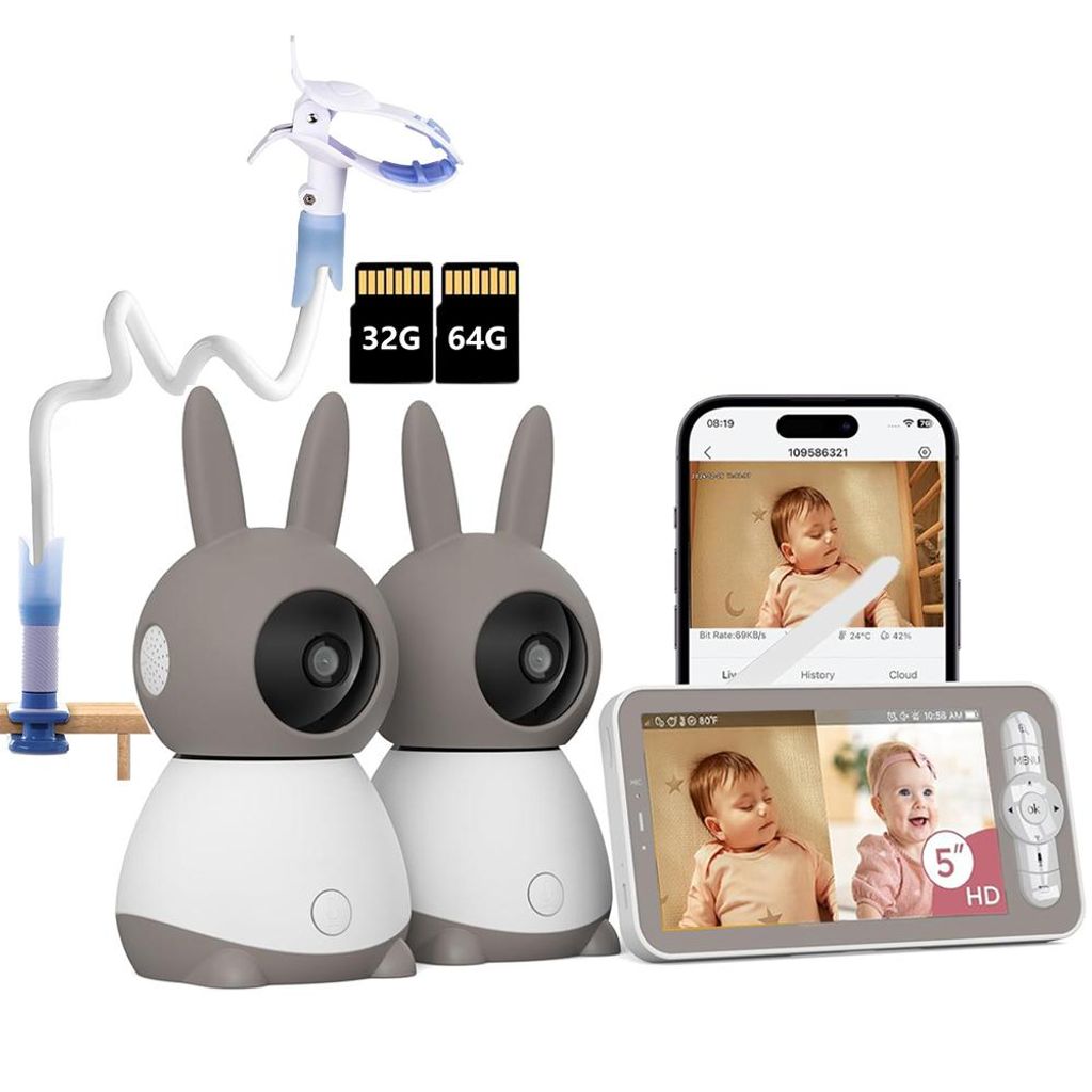 Babyphone mit 2 Kameras und APP 2K/5 Zoll WLAN Babyfon mit Split-Screen PTZ 360° 4× Zoom IR-Nachtsicht Automatische Verfolgung mit Halterung & 32...