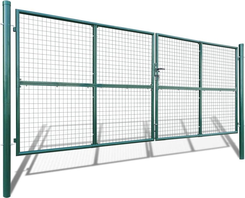 A green metal garden gate with mesh infill, shown in an outdoor setting with shadows.