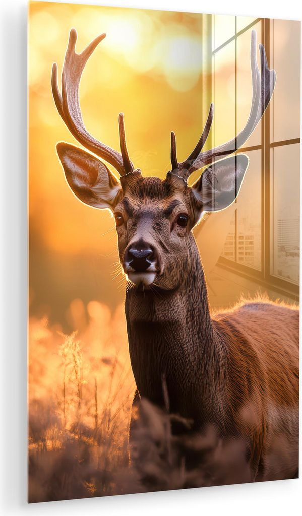 MuchoWow Glasbilder - Bilder auf Wandbild - Foto auf Glas Hirsch - Geweih - Herbst - Wald - Braun - Natur - Waldtiere 80x120 cm Wanddekoration aus ...