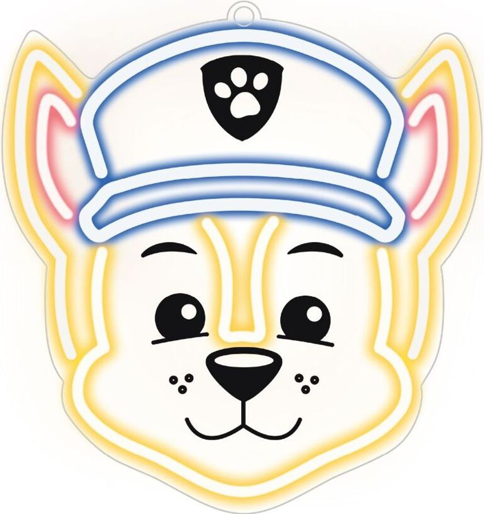 A neon-style illustration of the character Chase from Paw Patrol, wearing his police hat.