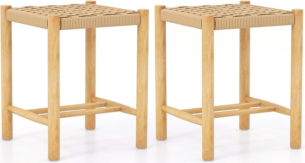 Two wooden bar stools with woven seats are shown against a white background.