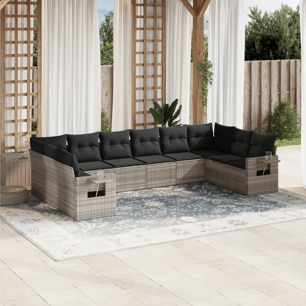 Industrie-Stil 10-tlg. Garten-Sofagarnitur Sofa Set mit Kissen Hellgrau Poly Rattan Terrassenmöbel2024 cloris
