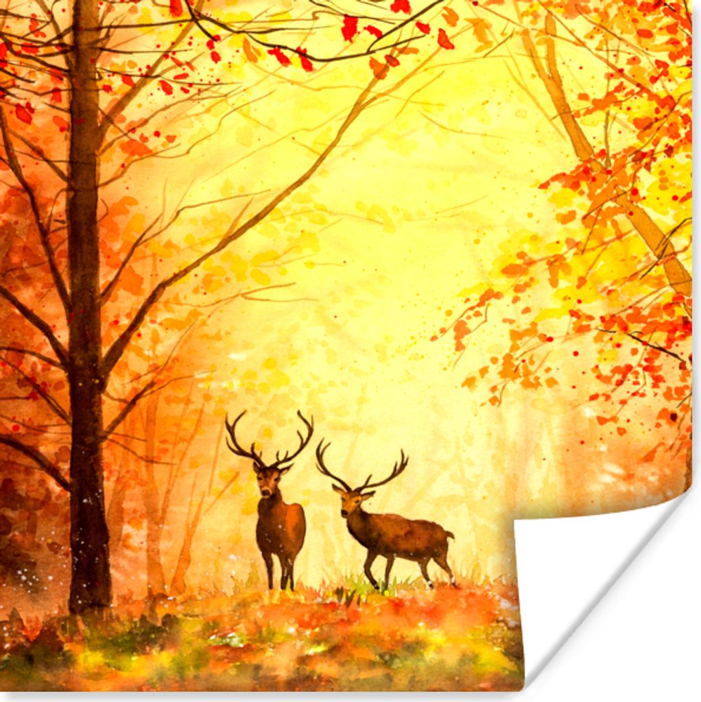 MuchoWow Poster Natur - Ölfarbe - Hirsche - Tiere - Herbst - Orange 100x100 cm - Babyzimmer