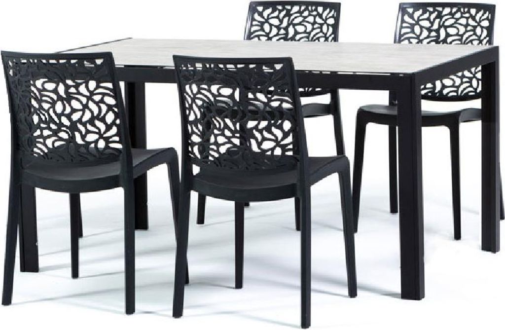 Ess-Set mit rechteckigem Tisch 150×90 cm aus Aluminium und 4 Stühlen aus glasfaserverstärktem Harz – modernes, robustes und vielseitiges Desig...