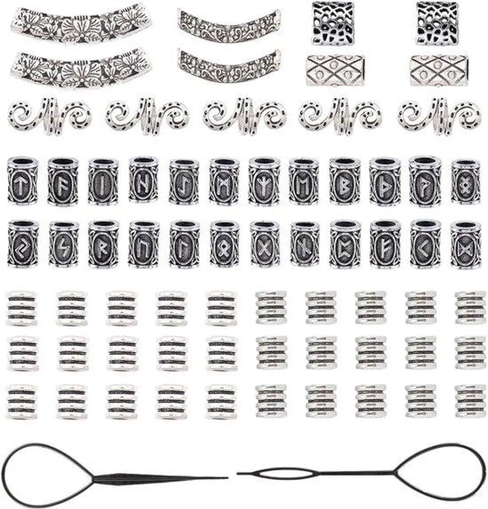 Lot de 69 perles Viking pour barbe et cheveux en argent ancien vieilli