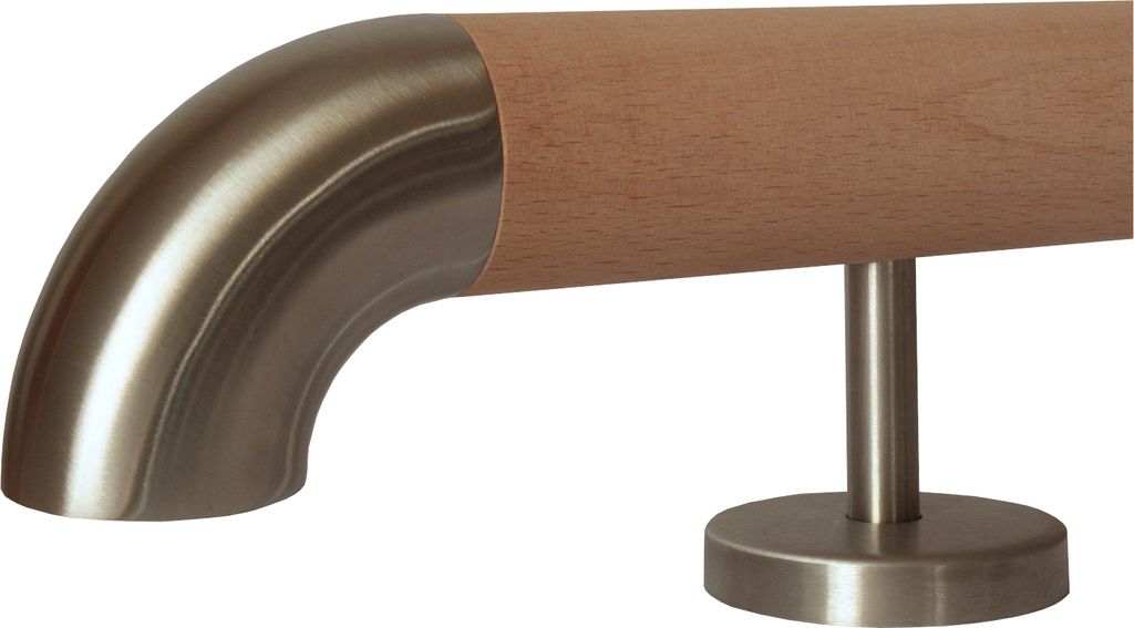 TIBU Buche unbehandelt Holz Handlauf Geländer 0,3m - 5m, Länge 370 cm, Ende Edelstahlbogen und 5 gerade Halter